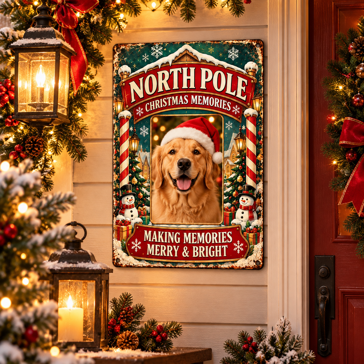 North Pole Christmas photo metal sign in festive American entryway