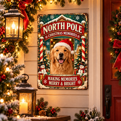 North Pole Christmas photo metal sign in festive American entryway