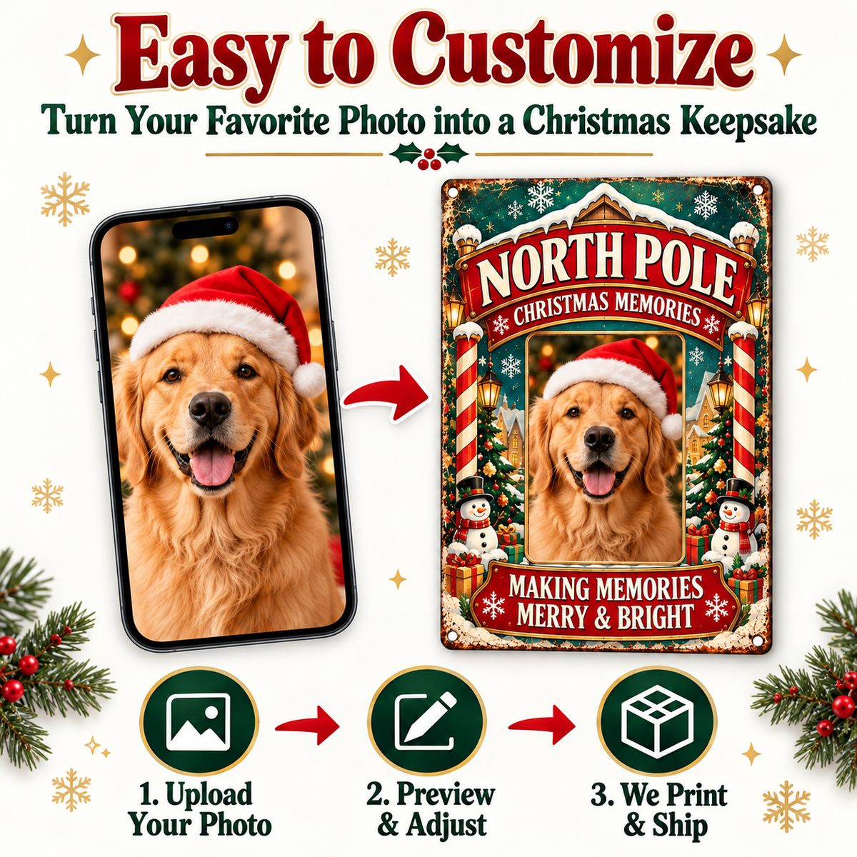 Upload your photo preview and customize North Pole Christmas sign