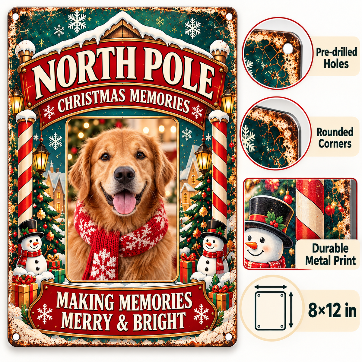 Close up Christmas metal sign mounting holes rounded corners and print