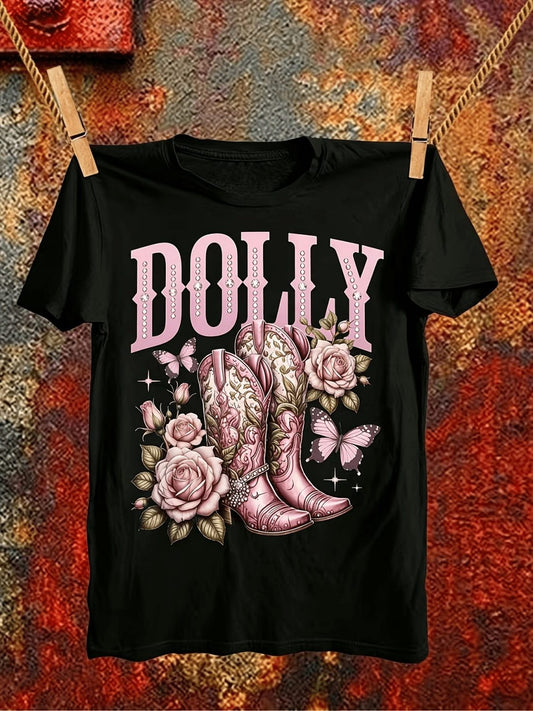 Dolly Floral Cowboy Boots Western Graphic T-Shirt