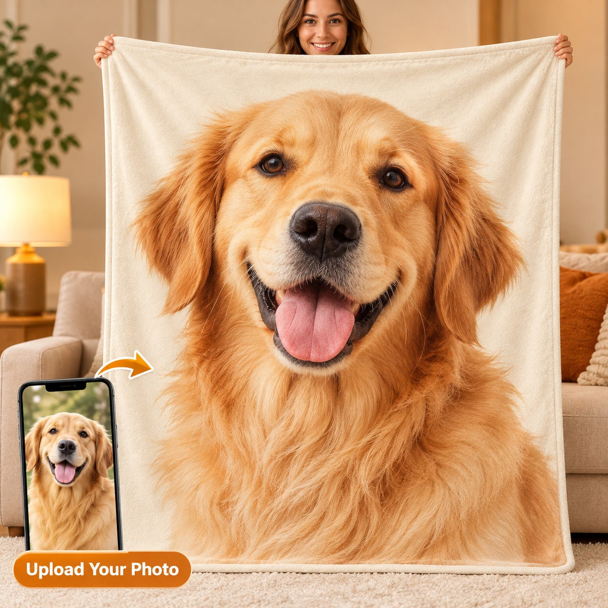 Personalized photo blanket featuring golden retriever pet photo