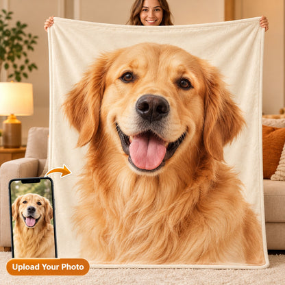 Personalized photo blanket featuring golden retriever pet photo