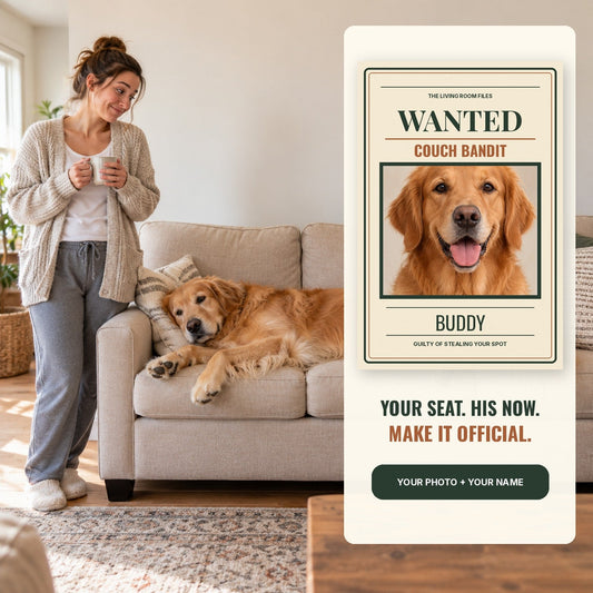 Golden retriever takes over the sofa beside Couch Bandit personalized photo sign