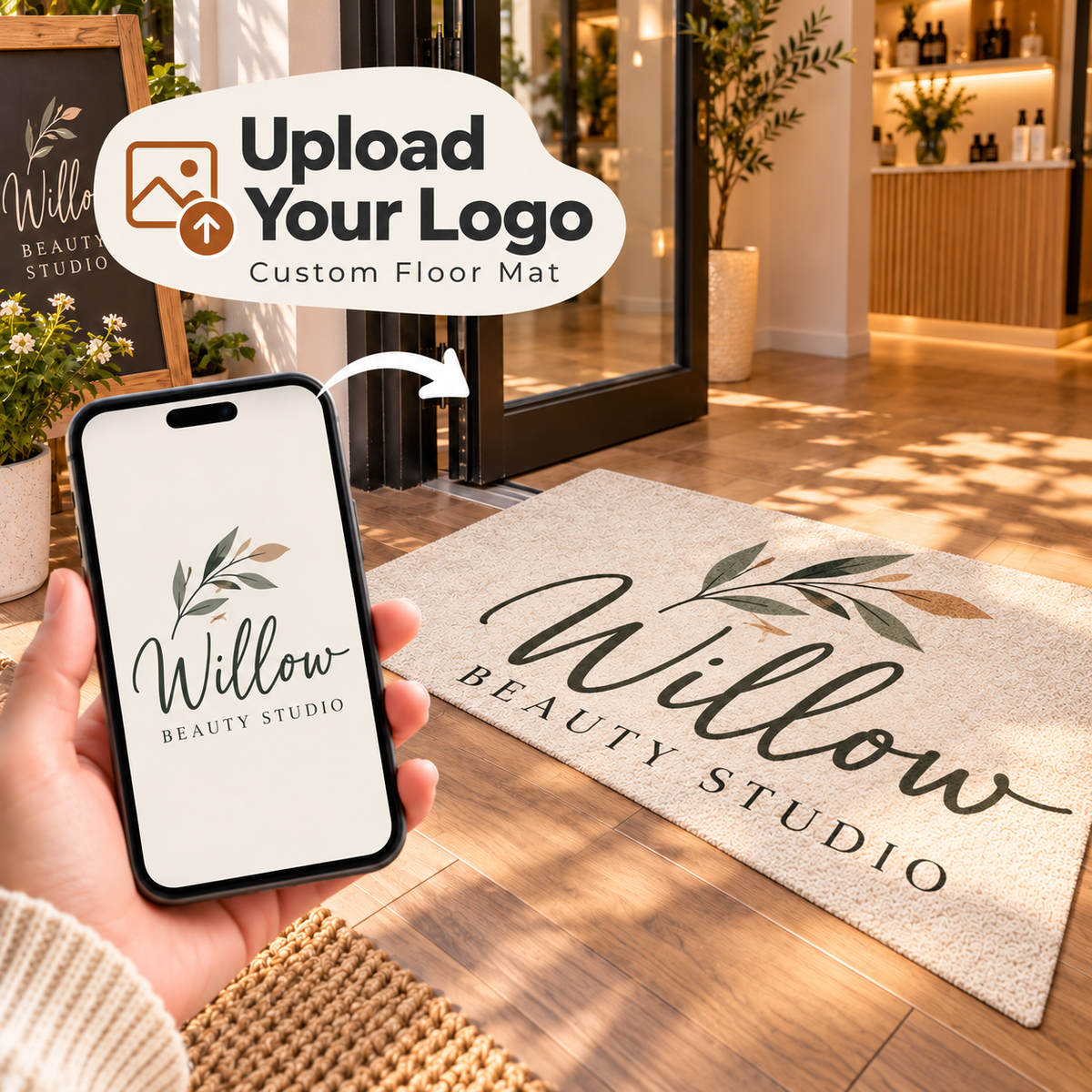 Personalized business logo floor mat with Willow Beauty Studio artwork printed edge to edge