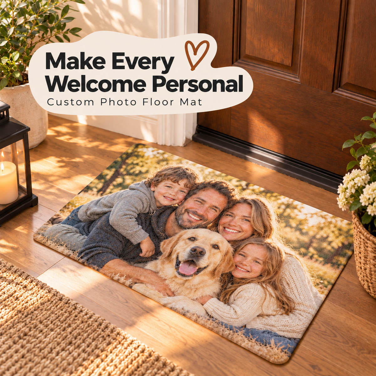 Photo floor mat printed edge-to-edge with a family photograph in an inviting American entryway