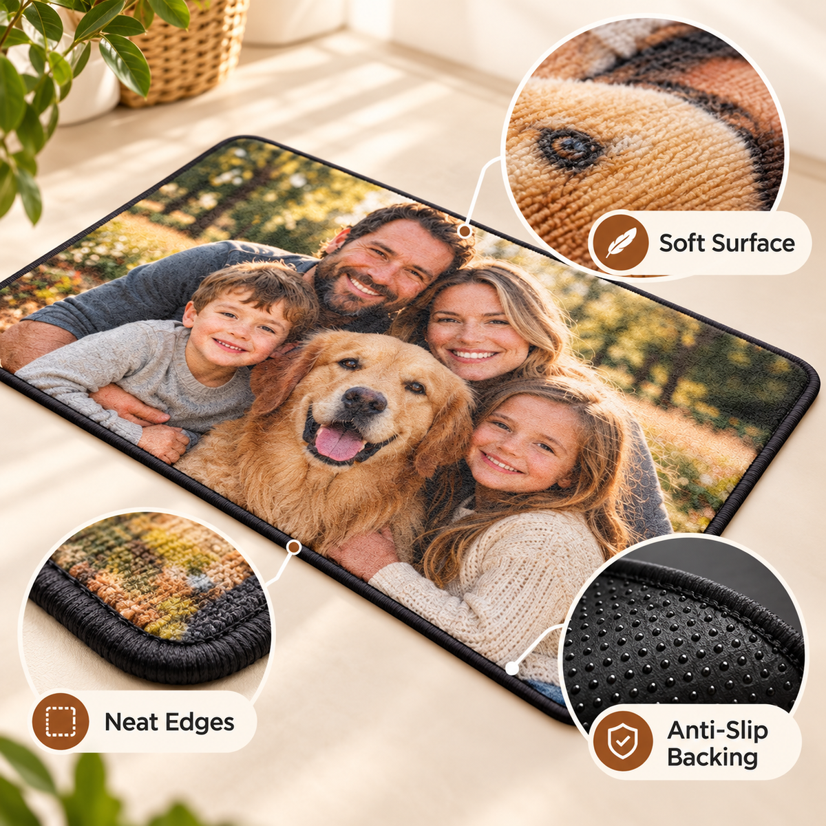 Custom floor mat features: printed soft surface, neatly finished edges and anti-slip backing