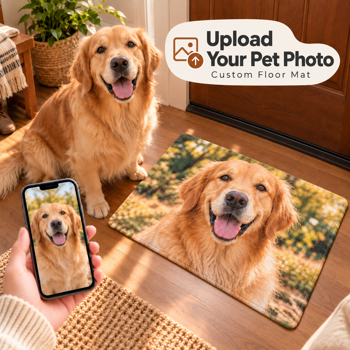 Upload your pet photo to create a full-coverage personalized floor mat, dog example in a cozy home