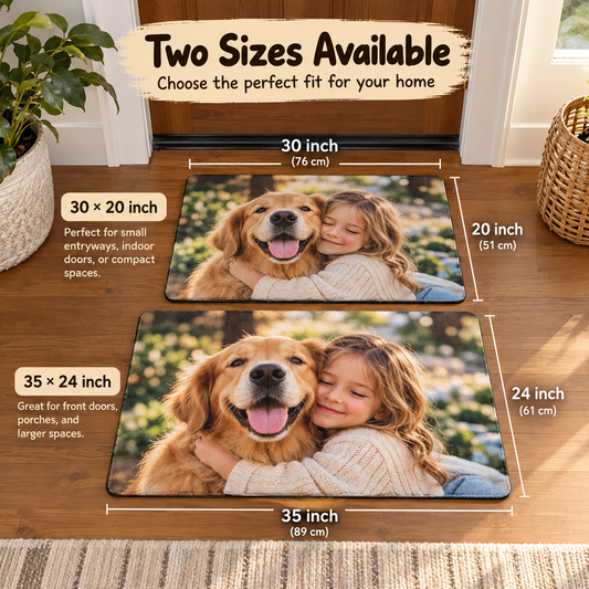Custom floor mat realistic size comparison: 30 × 20 inch versus 35 × 24 inch, personalized child and dog photo