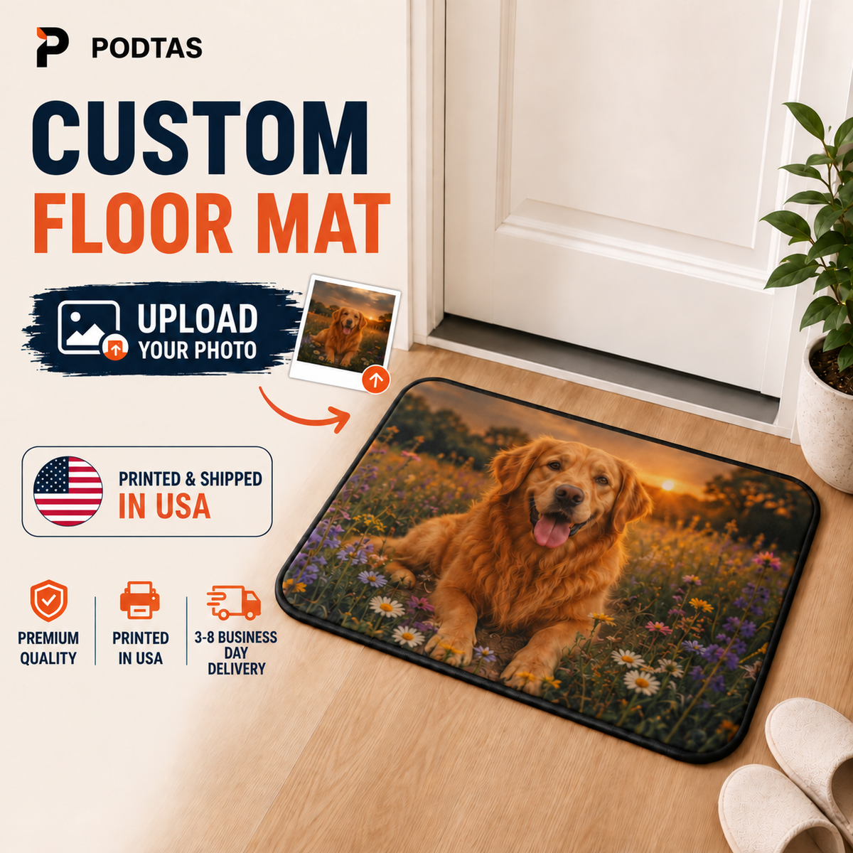 Custom photo floor mat featuring a golden retriever image at an entryway; 3–8 business day delivery