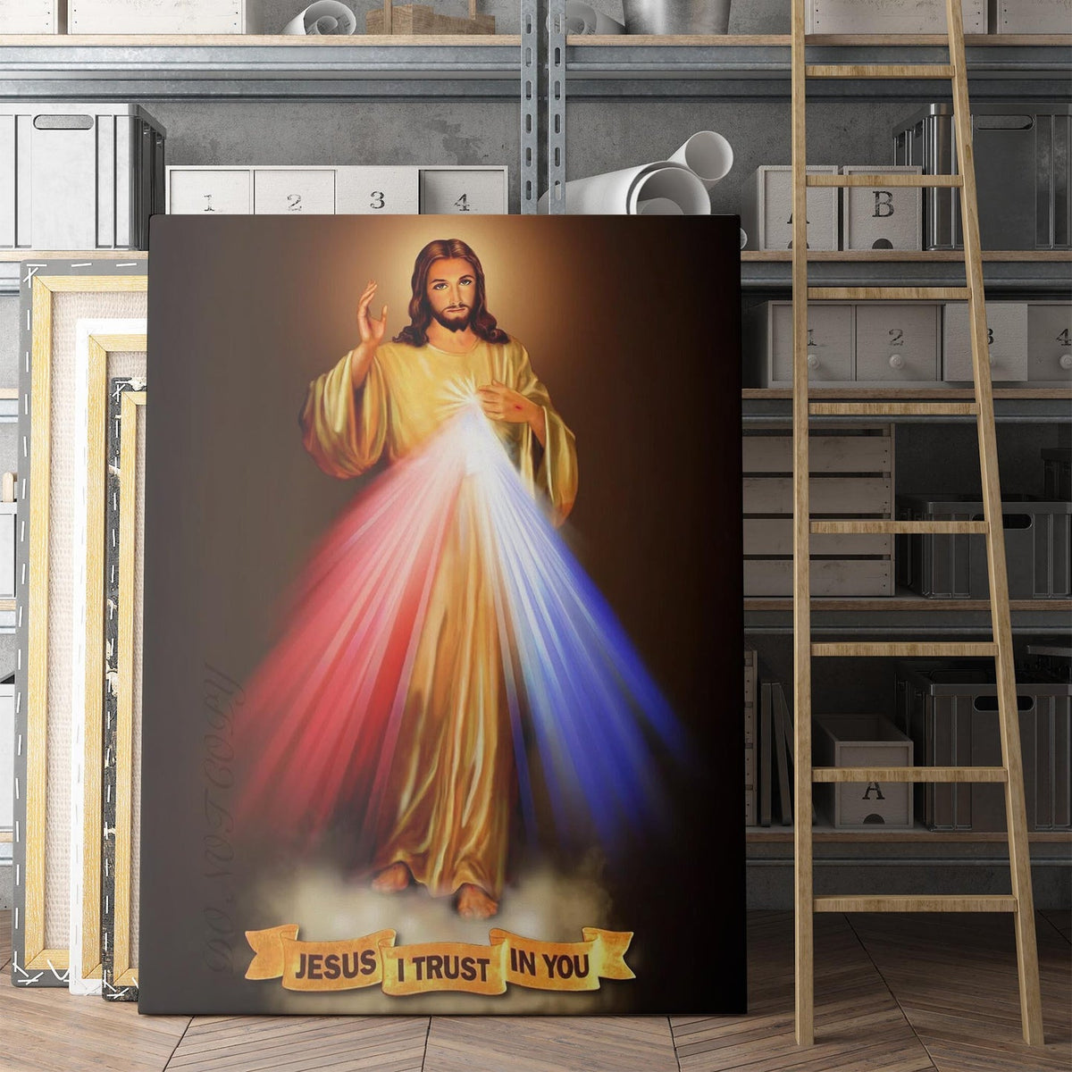 Jesus I Trust in You Divine Mercy canvas displayed in a studio setting