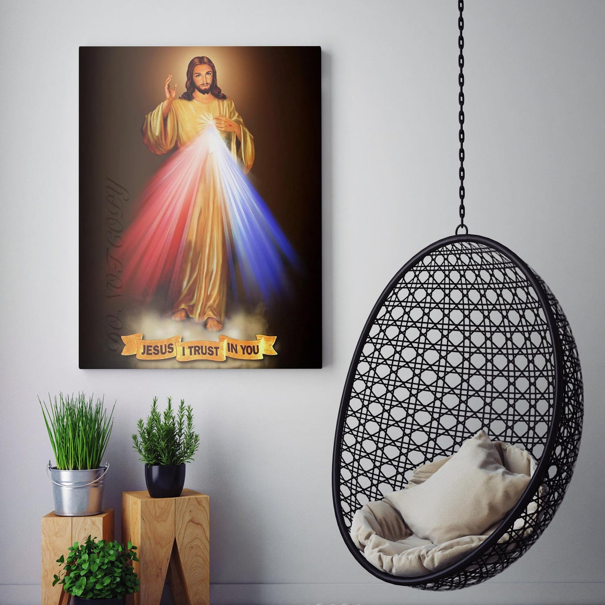 Jesus I Trust in You Divine Mercy canvas displayed in a modern room