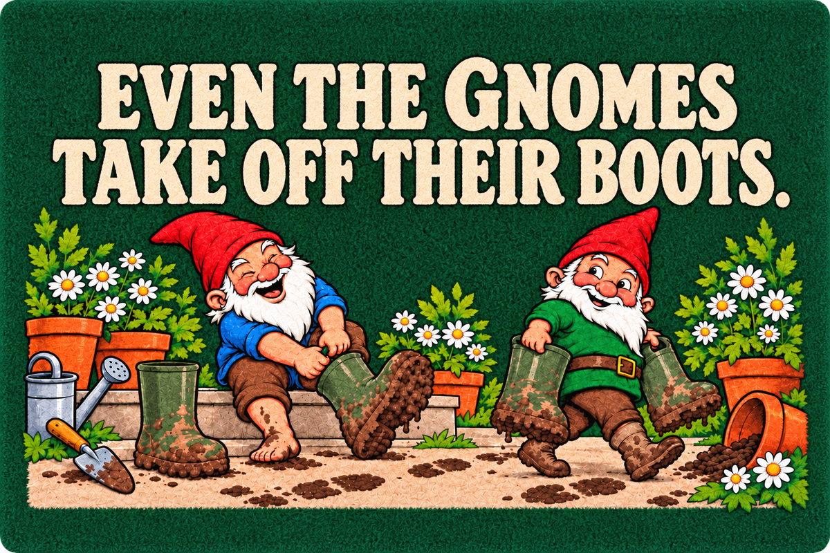 30 × 20 in gnome garden mat artwork, green with natural rounded corners