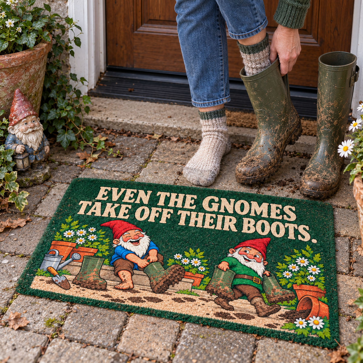 Illustrative garden entryway scene with muddy boots coming off beside the gnome mat