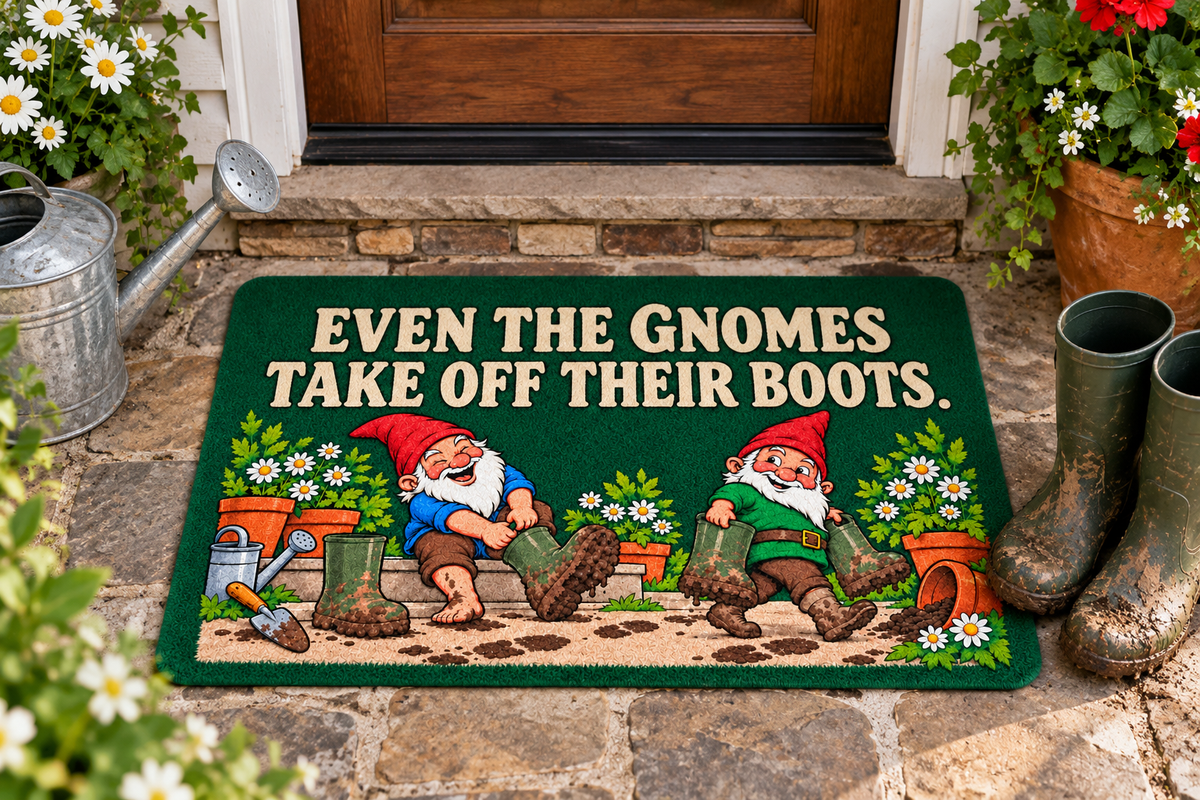Illustrative garden mat outside a doorway beside adult rain boots for everyday size context