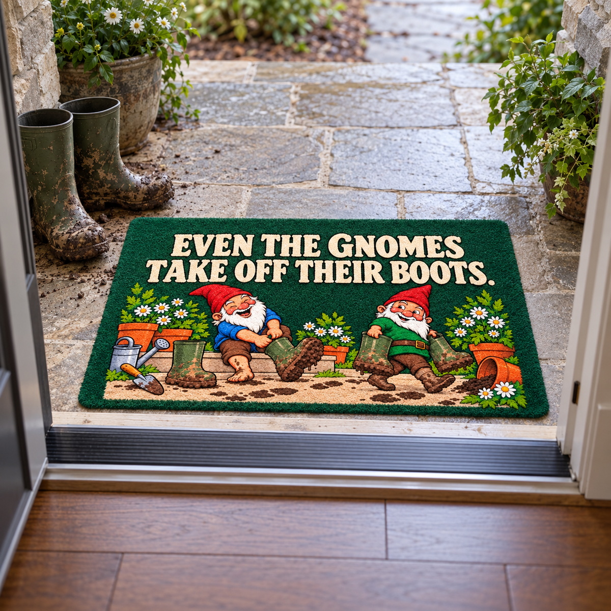 Illustrative inside-to-outside view of muddy boots left beside the garden mat at the doorstep