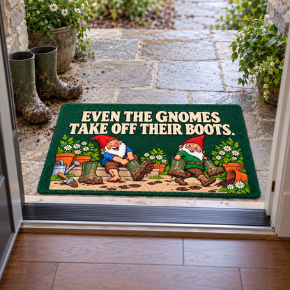 Illustrative inside-to-outside view of muddy boots left beside the garden mat at the doorstep