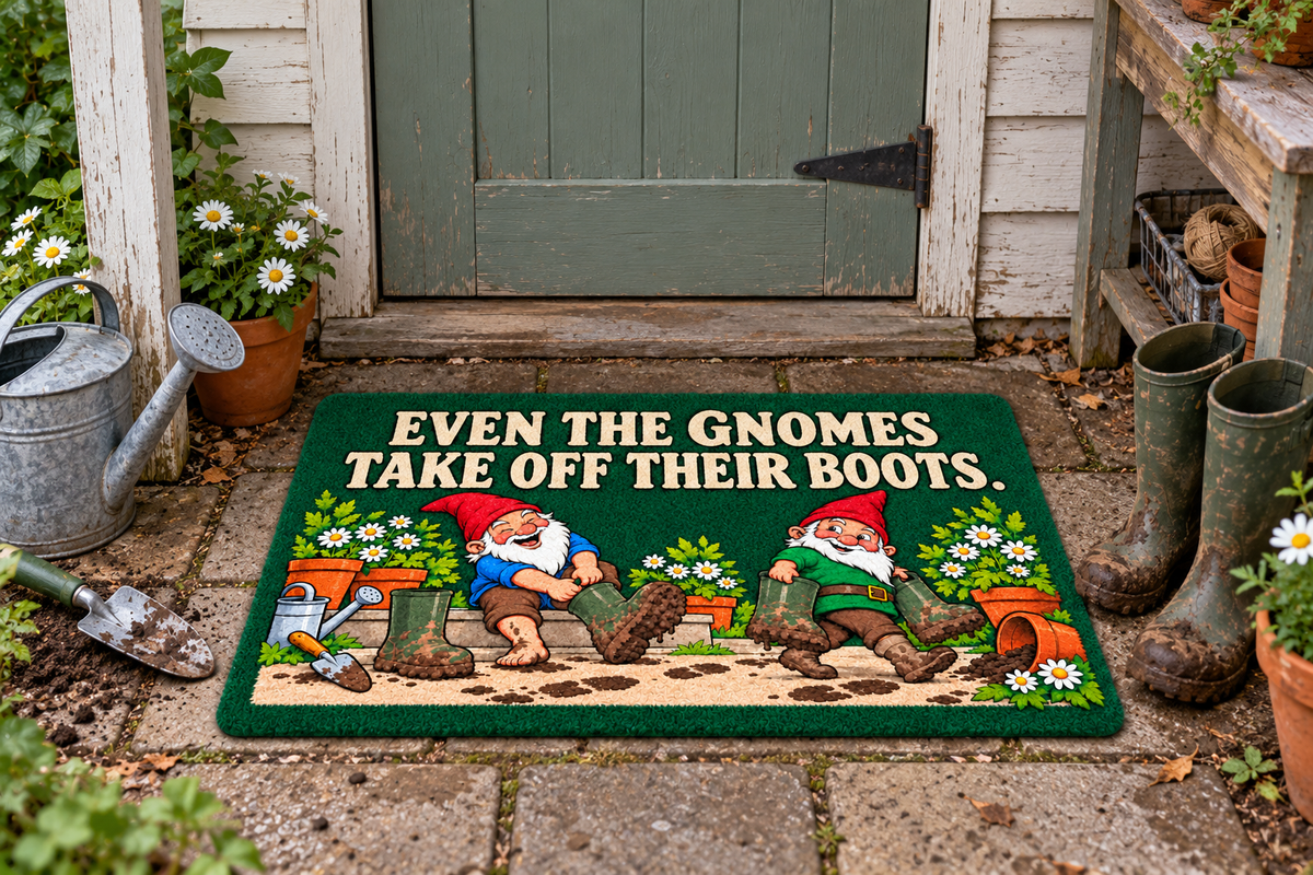 Illustrative green gnome mat at a covered garden shed doorway with gardening tools