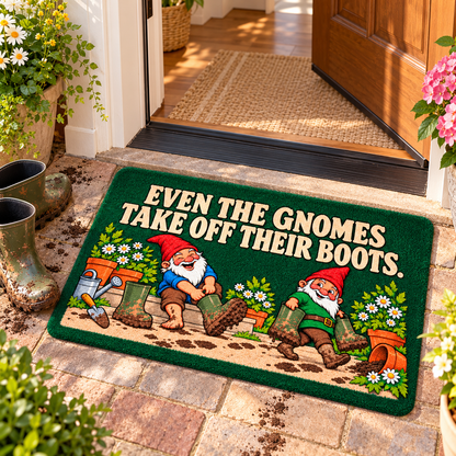 Illustrative outdoor porch scene showing the gnome garden mat by the front door
