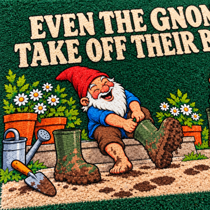 Illustrative close-up of the blue-shirt gnome, lettering, flowers and garden tools printed on the mat