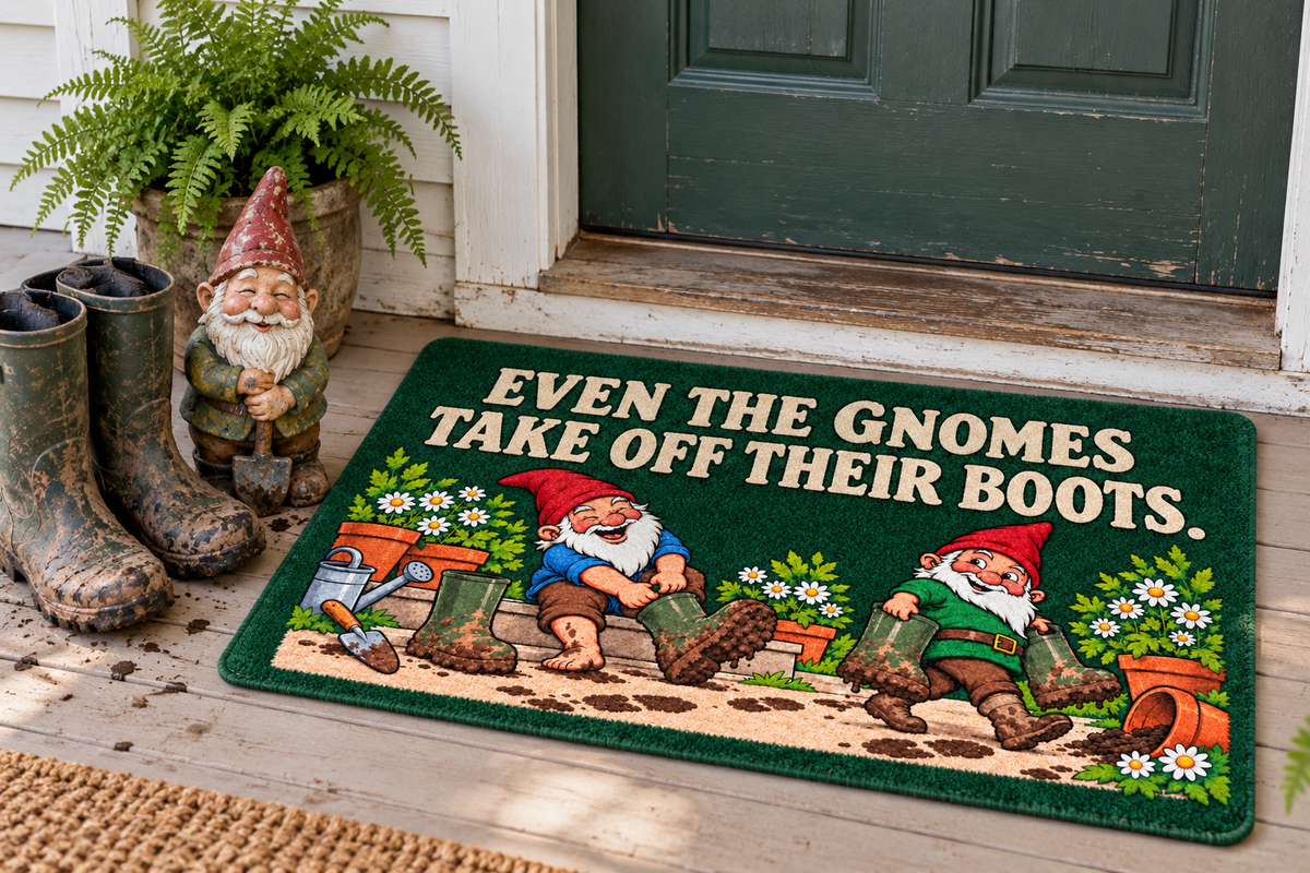 Illustrative garden porch with a gnome ornament, muddy boots and the printed gnome mat
