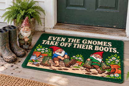Illustrative garden porch with a gnome ornament, muddy boots and the printed gnome mat
