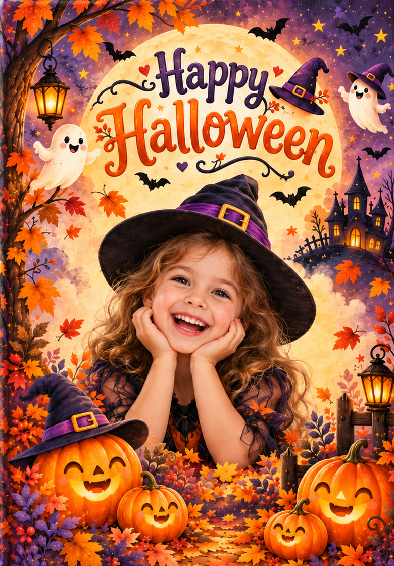 Happy Halloween personalized kids photo canvas with child portrait example on the same fixed illustration