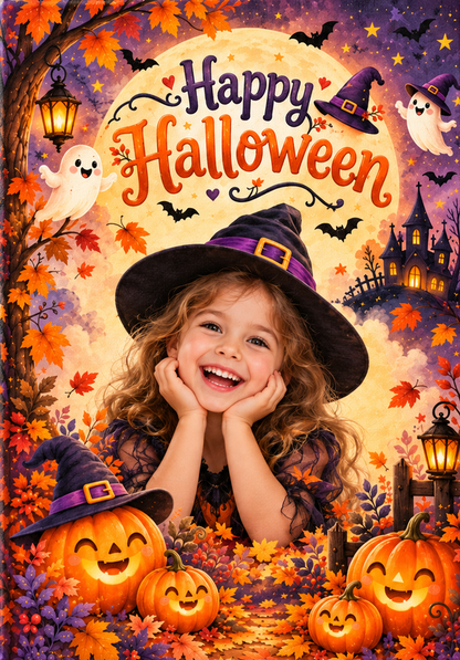 Happy Halloween personalized kids photo canvas with child portrait example on the same fixed illustration