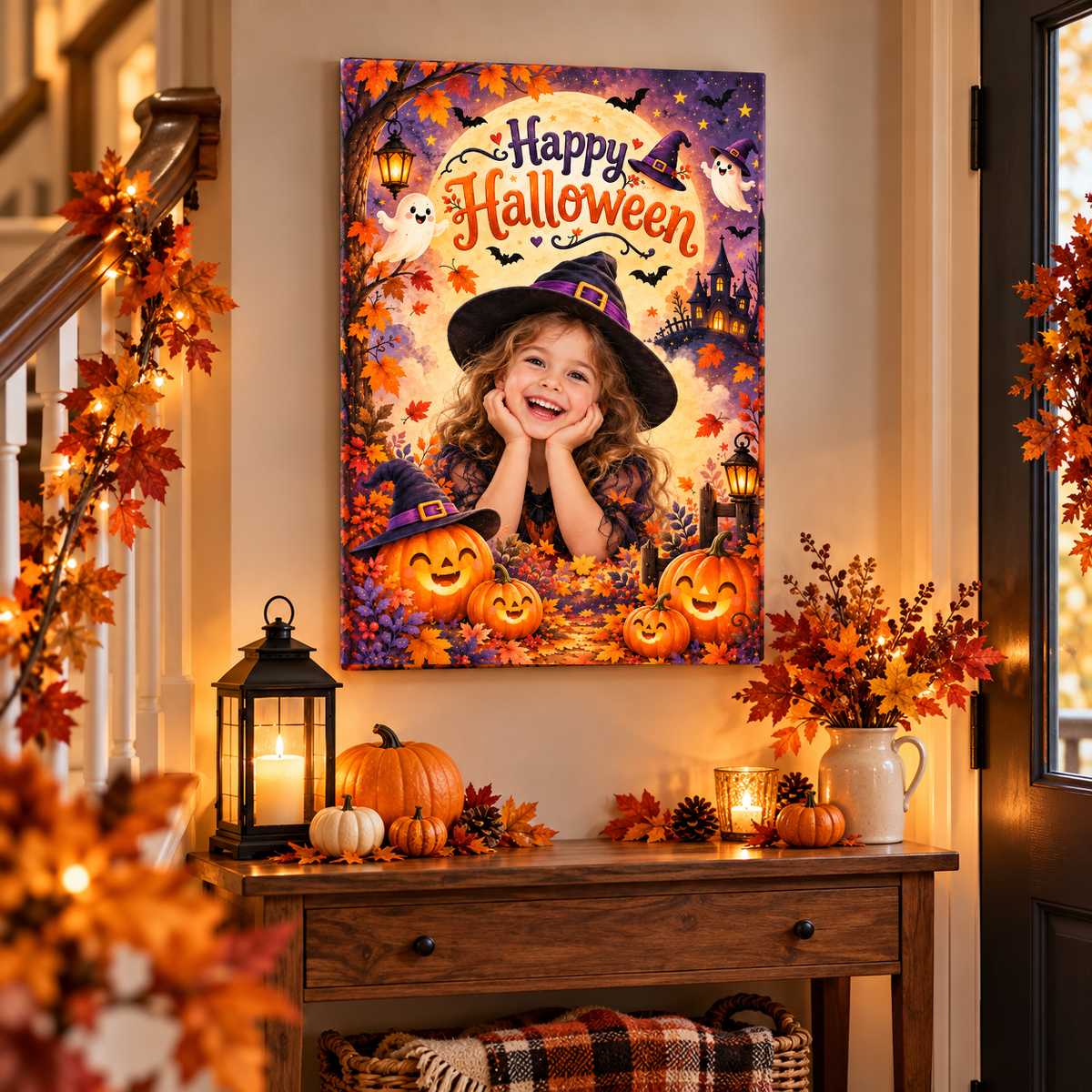 Portrait Halloween canvas with childhood photo displayed in American home entryway