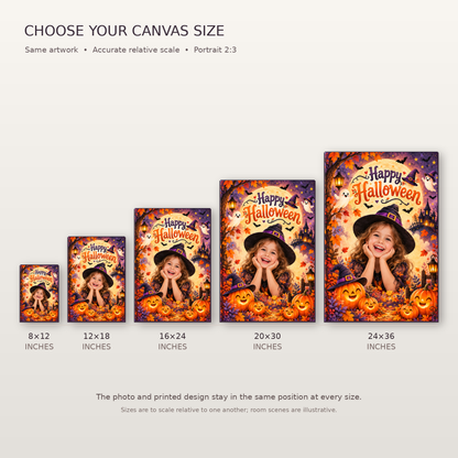 Accurate relative scale of Halloween portrait canvas 8x12 12x18 16x24 20x30 24x36 inches