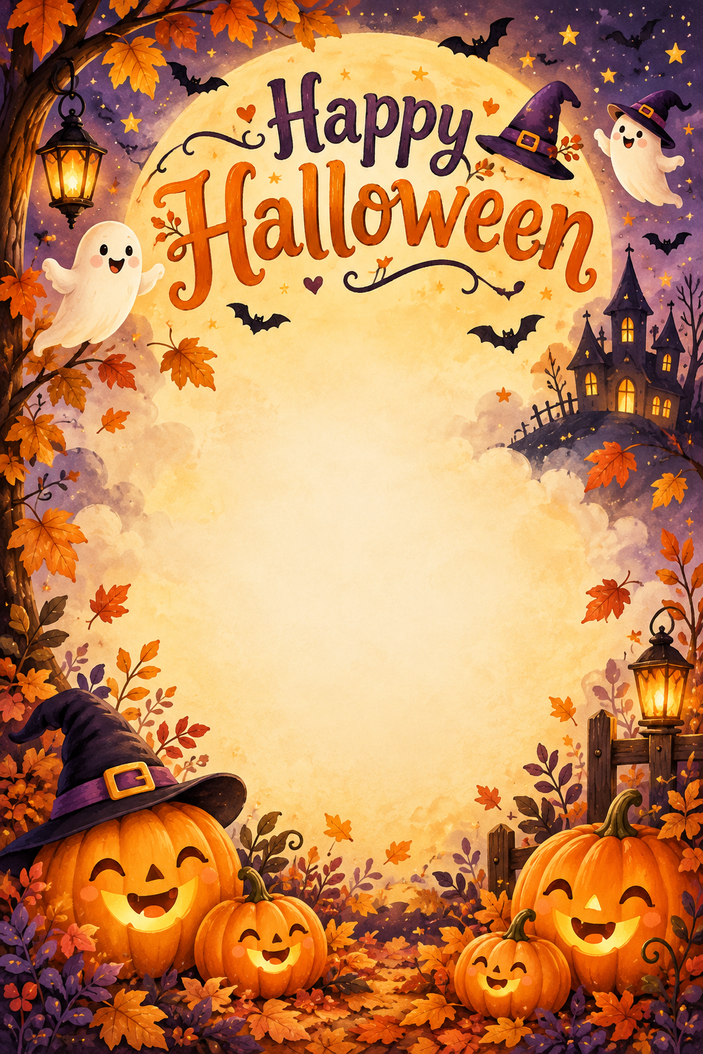 Blank no-child Halloween canvas base print artwork with fixed Happy Halloween moon pumpkins ghosts and castle