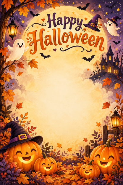 Blank no-child Halloween canvas base print artwork with fixed Happy Halloween moon pumpkins ghosts and castle