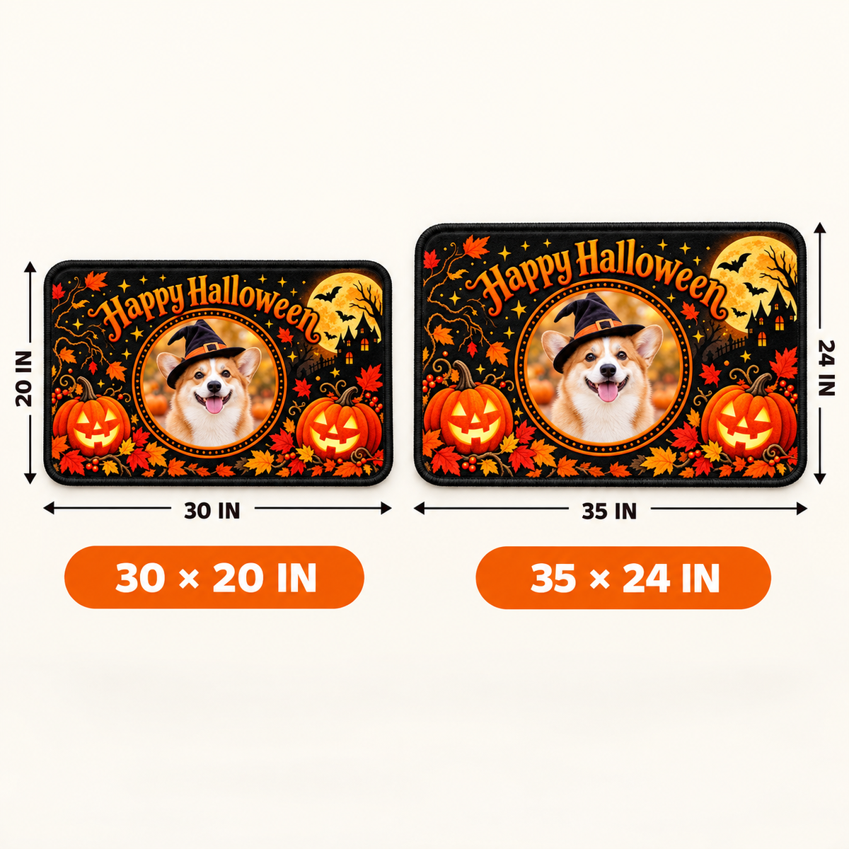 Personalized Halloween pet photo floor mat comparison, 30 × 20 inch vs. 35 × 24 inch
