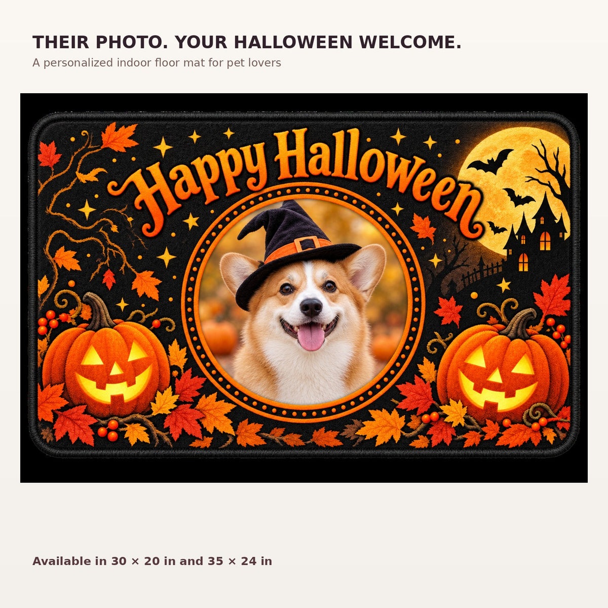 Personalized Happy Halloween pet photo floor mat with permanent orange circular photo border