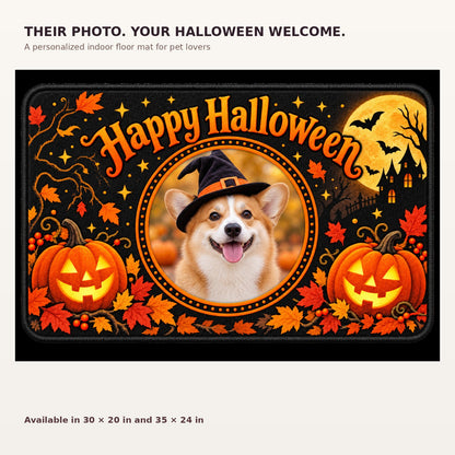 Personalized Happy Halloween pet photo floor mat with permanent orange circular photo border