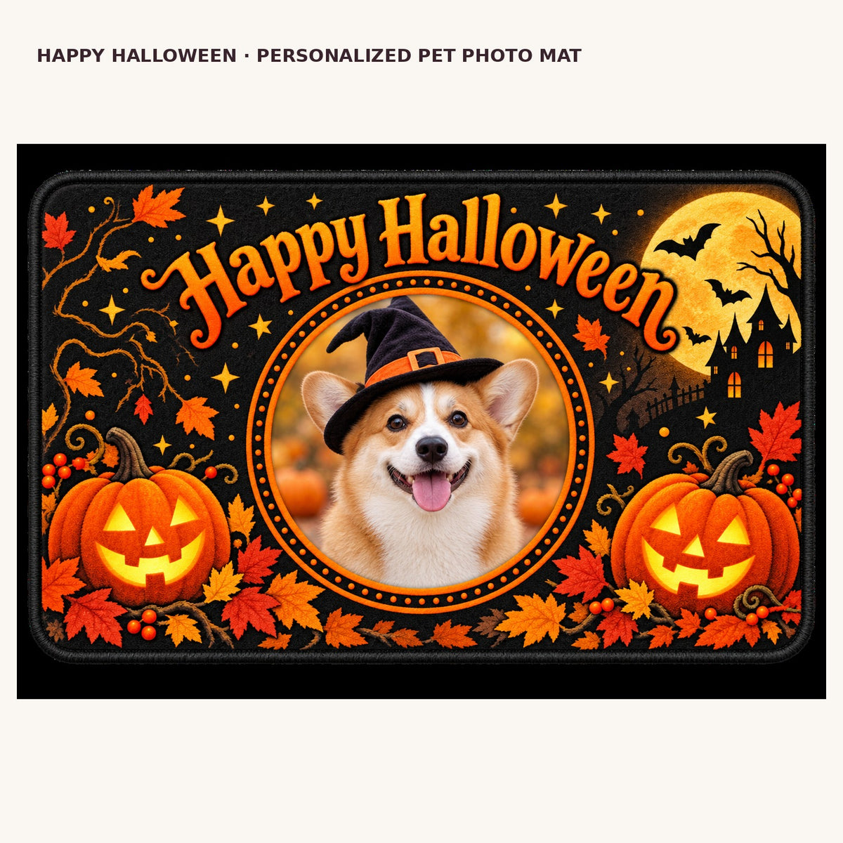 Overhead printed Happy Halloween corgi floor mat with orange round pet picture frame