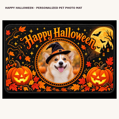 Overhead printed Happy Halloween corgi floor mat with orange round pet picture frame
