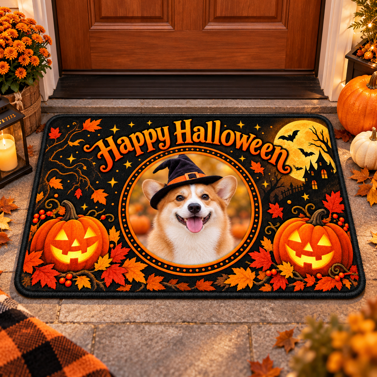 Personalized pet Halloween doormat in autumn American entry setting with pumpkins