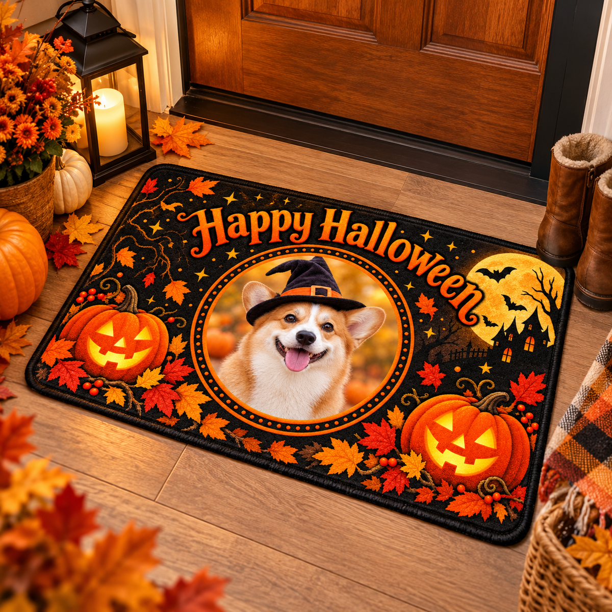 Personalized Halloween pet photo mat styled at a wooden front door in fall