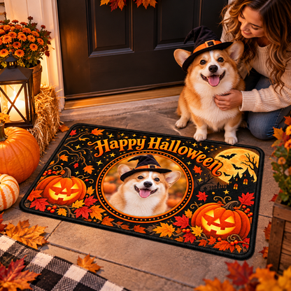 Owner and corgi beside custom printed Halloween dog photo floor mat