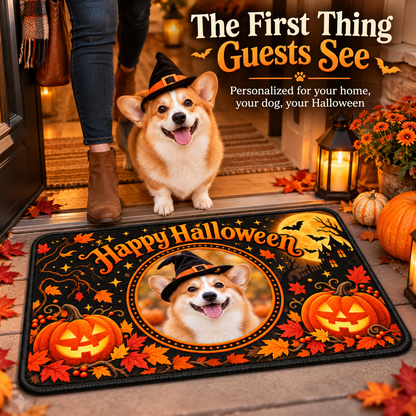 First thing guests see Halloween mat with custom dog picture and circular orange photo surround