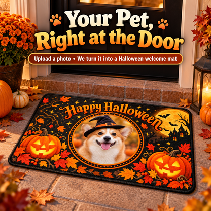 Your pet right at the door Halloween doormat featuring personalized dog photo