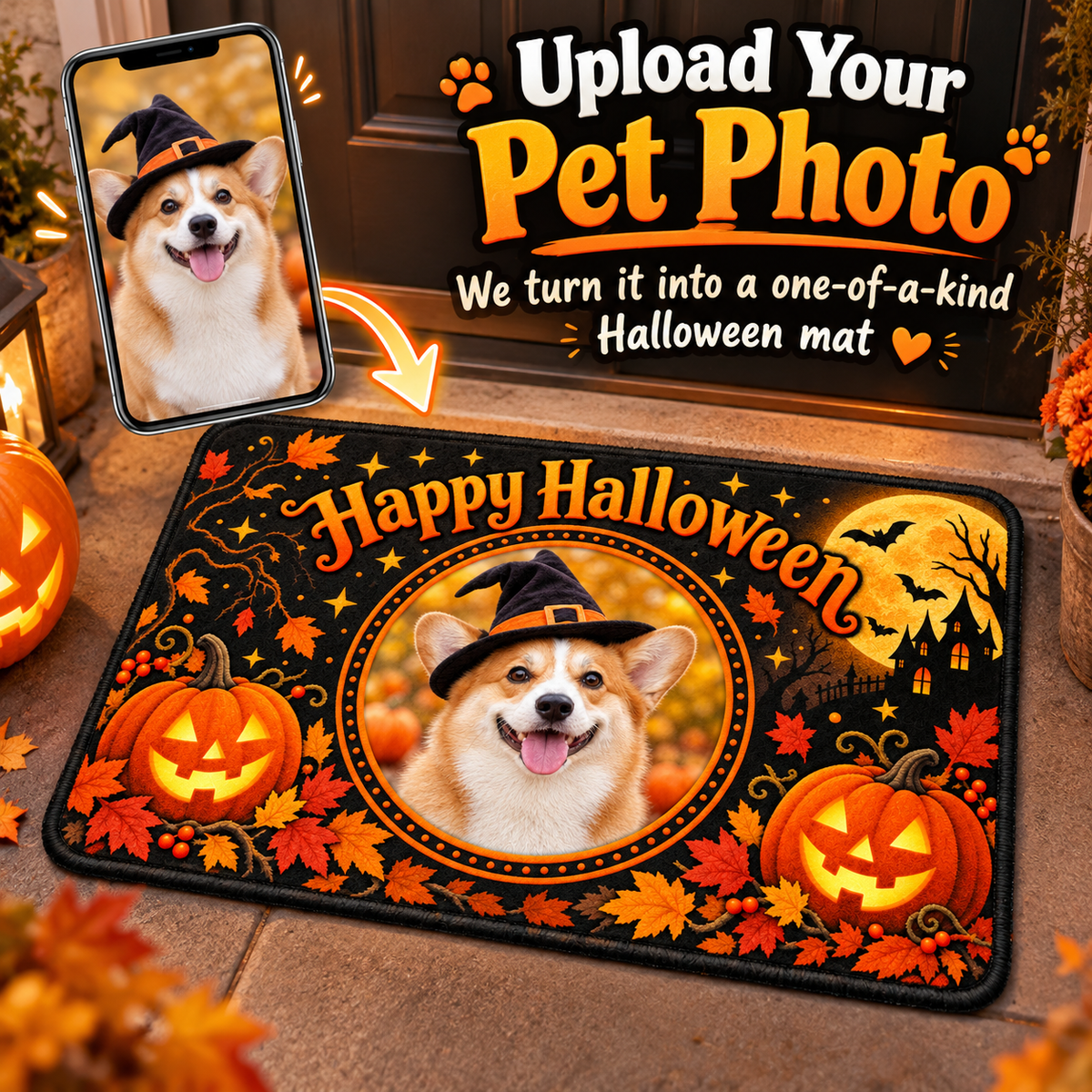Upload a pet picture to personalize a Halloween pet photo floor mat