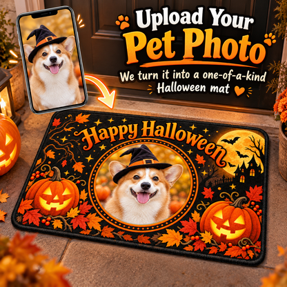 Upload a pet picture to personalize a Halloween pet photo floor mat