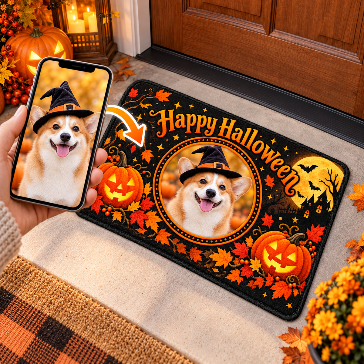 Pet phone picture compared with printed Halloween dog photo mat