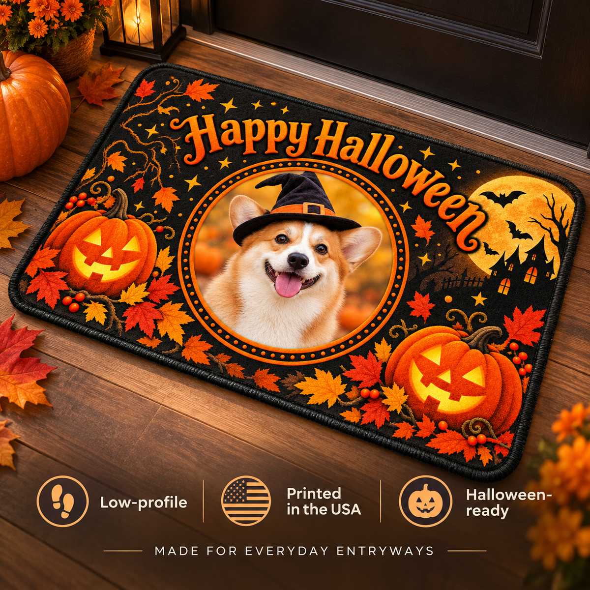 Printed custom Halloween floor mat in an indoor fall entryway with low profile