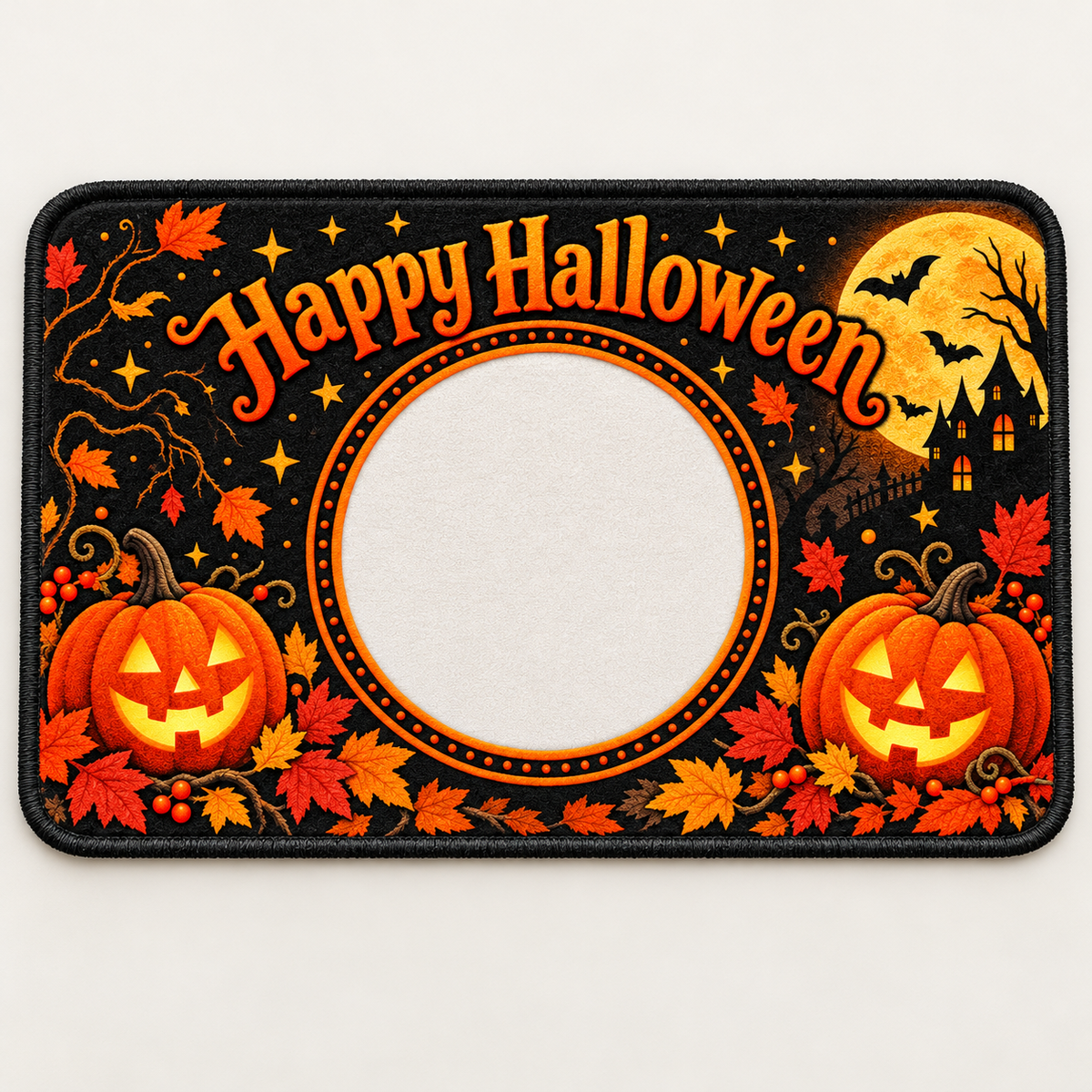 Blank fixed Halloween doormat design with permanent orange circular frame, moon and two jack-o-lanterns