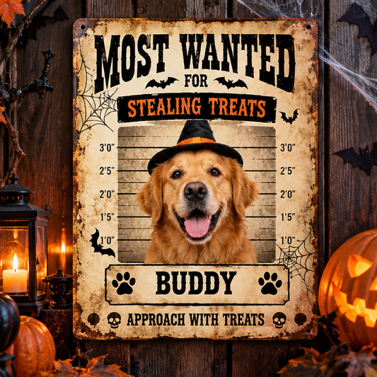 8 x 12 inch personalized Halloween pet wanted metal sign on rustic wood, golden retriever Buddy example, Stealing Treats