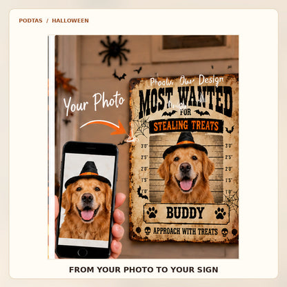 Pet photo next to the corresponding custom Halloween wanted sign