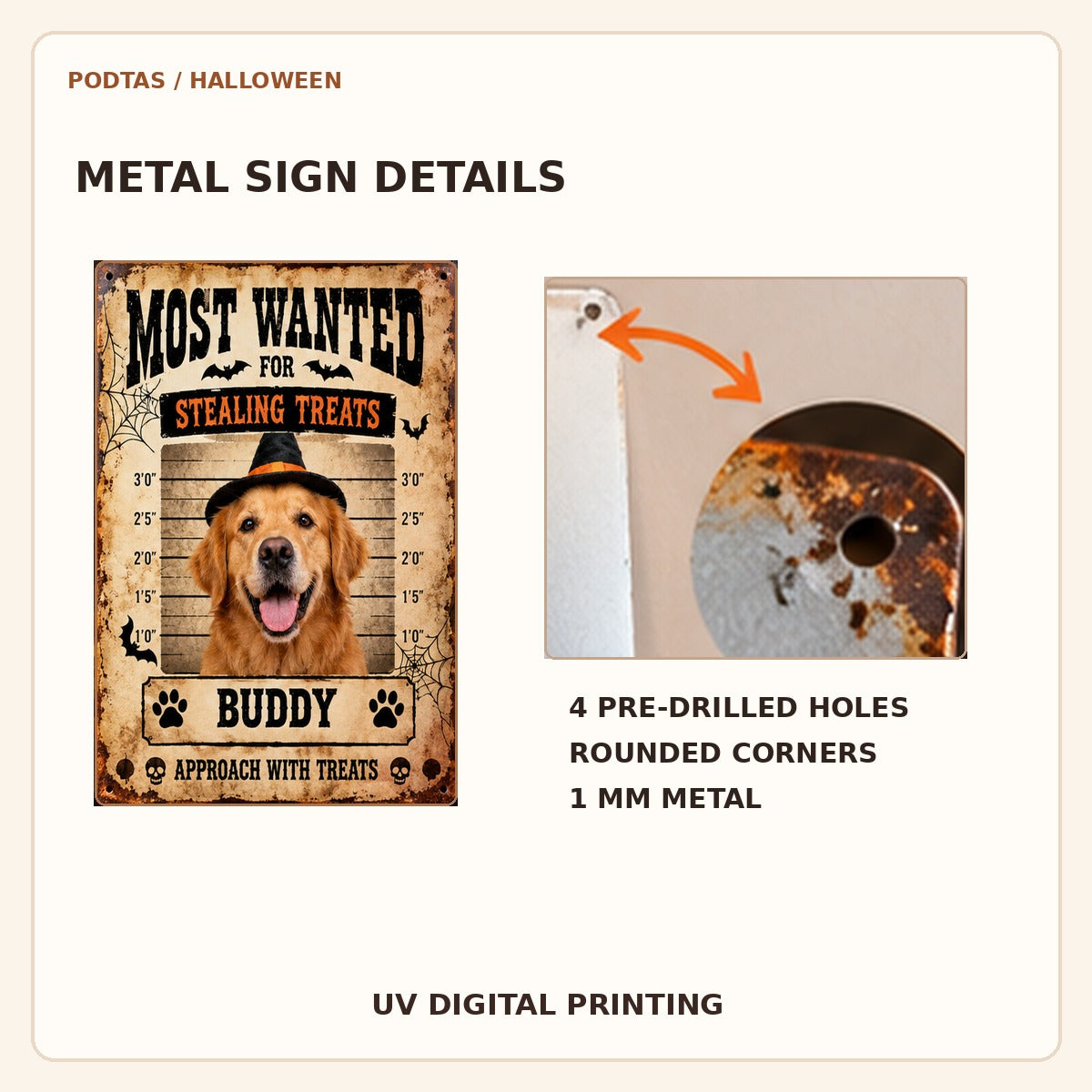 Metal sign printed surface rounded corners and pre drilled holes